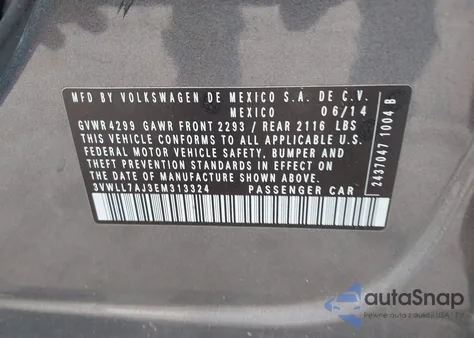 2014 Volkswagen Jetta 2.0L Tdi z USA, uszkodzony, nr VIN 3VWLL7AJ3EM313324